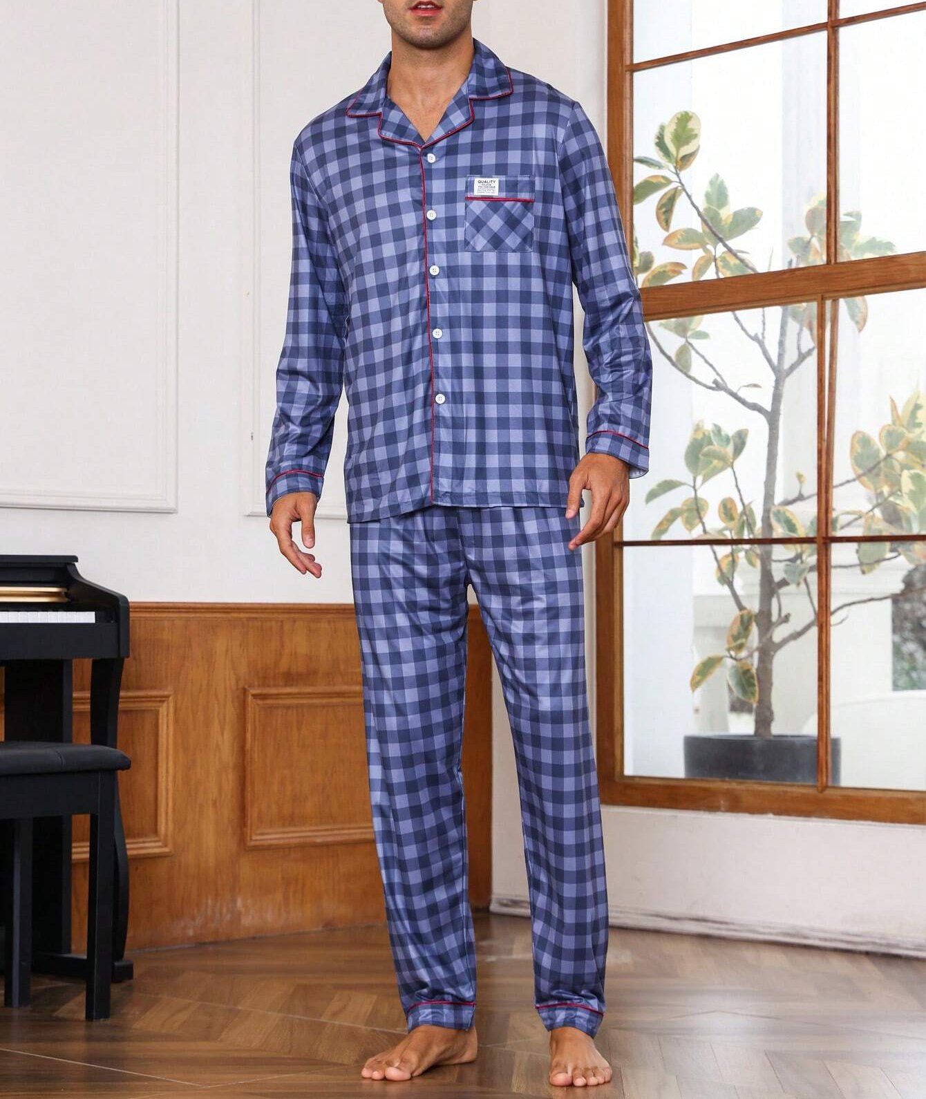 Pijama cu pantaloni lungi si camasa de nopate, imprimeu, albastru, barbati, Shein
