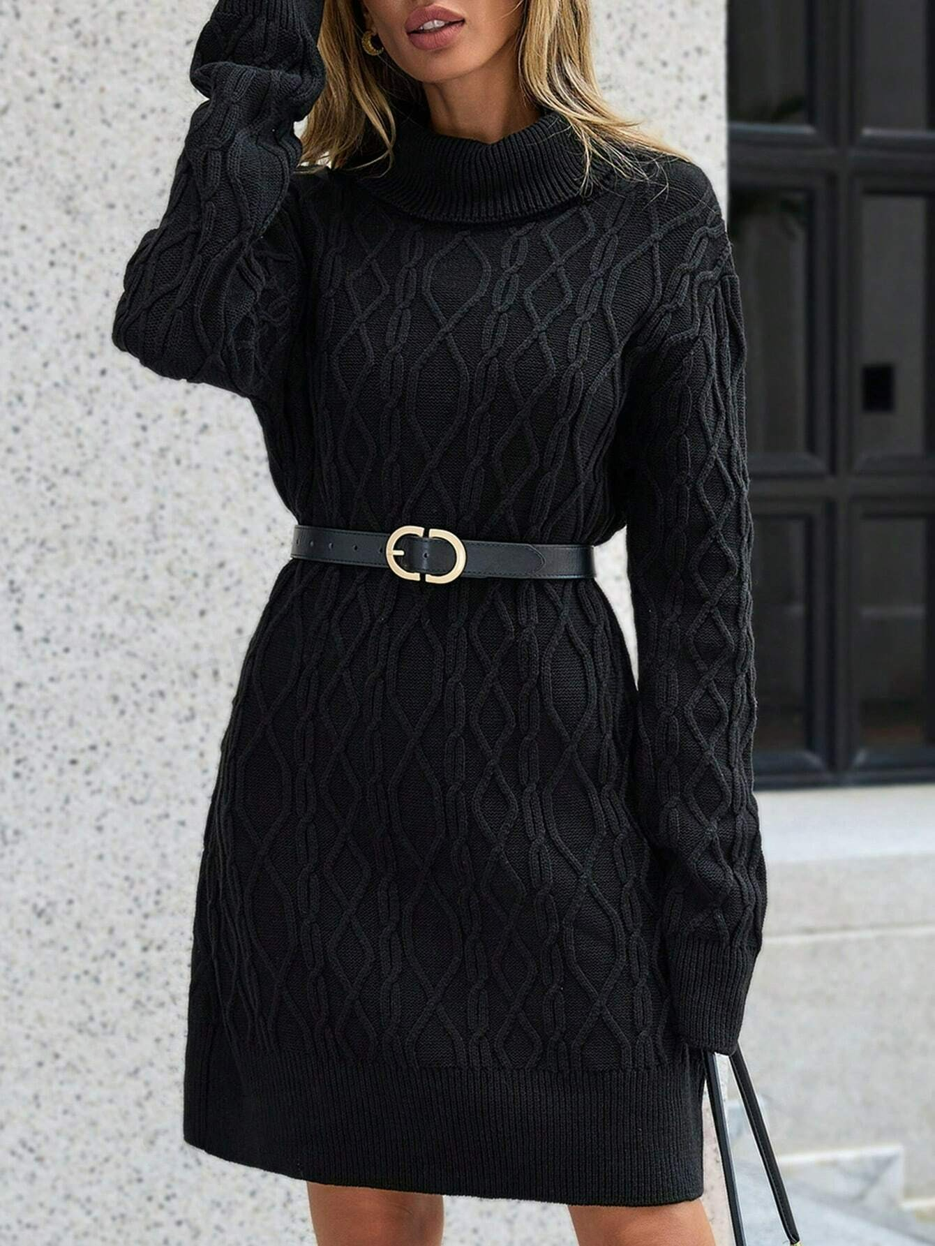 Rochie mini din tricot, cu maneca lunga si model, negru, dama, Shein