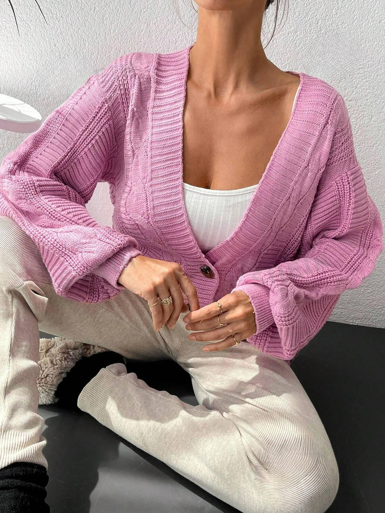 Cardigan cu nasture, model tricotat, roz, dama