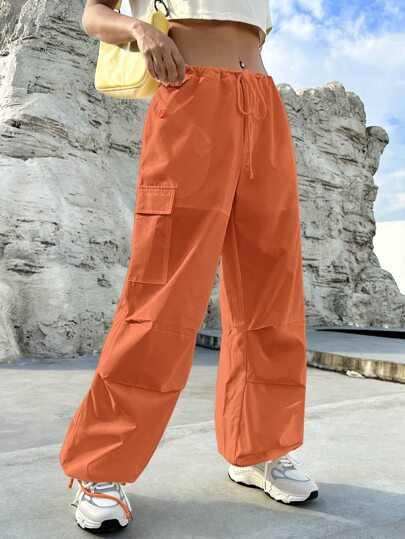 Pantaloni largi, cargo, cu snur reglabil, portocaliu, dama Shein