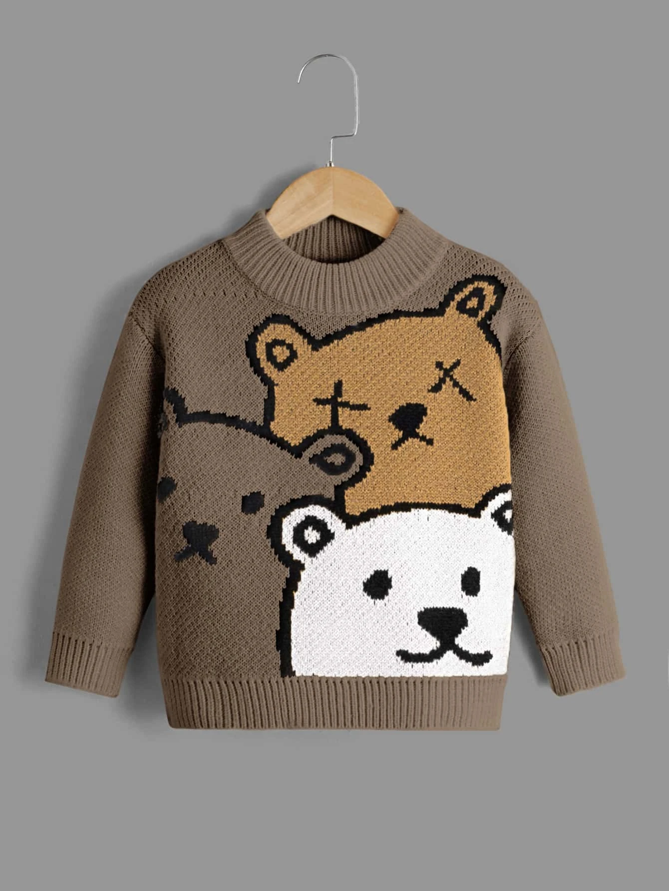 Pulover din tricot, cu imprimeu ursi, maro, baieti, Shein