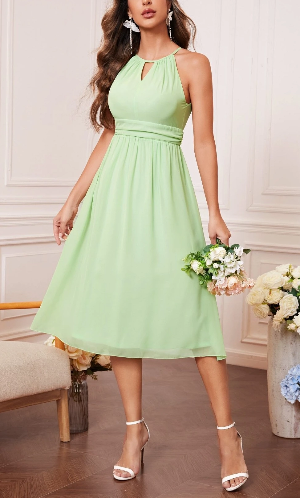 Rochie midi, cu decolteu si bretele, verde, dama, Shein